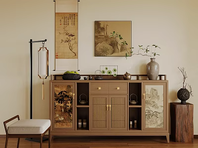 Traditional Chinese Entryway Cabinet And Side Cabinet With Vase Plants Scroll Painting And Lantern Decor 3d model