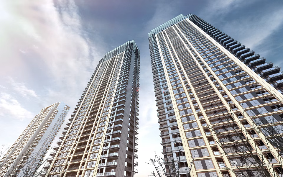 Modern High Rise Residential Buildings With Glass Facade And Balconies Against Sky 3d model 