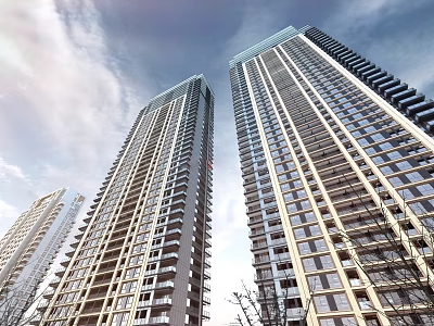 Modern High Rise Residential Buildings With Glass Facade And Balconies Against Sky 3d model