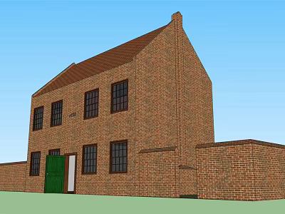 Traditional Ancient Building Featuring Red Brick Structure Green Door And Sloped Roof 3d model