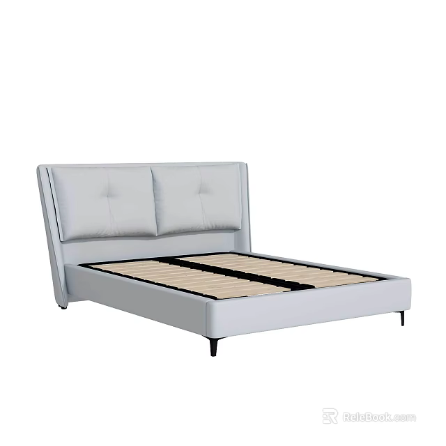 Modern Minimalist Double Bed With Upholstered Headboard Gray Frame And Wooden Slat Support 3d model 