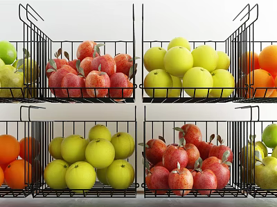 Fresh Assorted Fruits Organized in Black Metal Baskets for Kitchen Storage 3d model