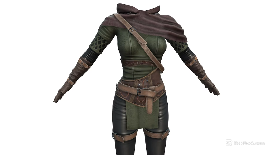 Medieval Fantasy Outfit with Green Top Hooded Cloak Leather Belt Mesh Sleeves and Leather Gloves 3d model 