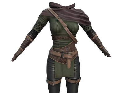 Medieval Fantasy Outfit with Green Top Hooded Cloak Leather Belt Mesh Sleeves and Leather Gloves 3d model
