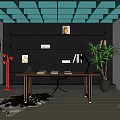 Modern Office Interior Design With Teal Ceiling White Walls Shelves Wooden Desk And Potted Plant