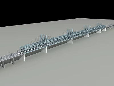 Modern Cable Stayed Bridge with Steel Structure Multiple Towers and Roadway on Gray Platform 3d model