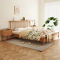 Wooden Double Bed Interior With Slatted Headboard White Pillows Floral Blanket And Bedside Tables