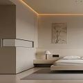 Modern Minimalist Bedroom Interior With Bed Area Rug Wall Art And Recessed Lighting