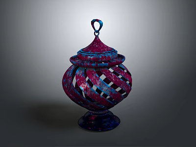Vibrant Decorative Jar With Intricate Cut Out Pattern Top Handle And Base 3d model