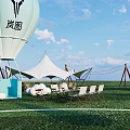 Scenic Campsite Featuring White Tipis Hot Air Balloon Outdoor Tables And Chairs On Green Grass