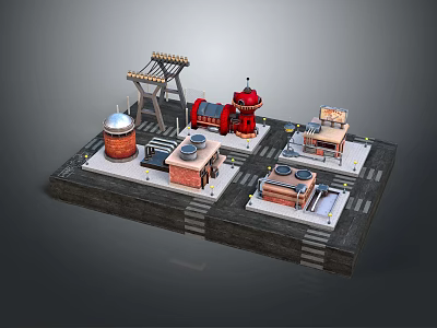 Cartoon Miniature Industrial Scene With Red Tower Brick Dome Buildings Chimneys And Tracks 3d model