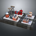 Cartoon Miniature Industrial Scene With Red Tower Brick Dome Buildings Chimneys And Tracks