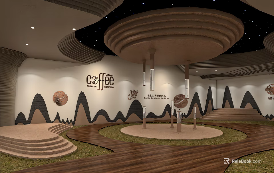 Stylish C&Coffee Cafe Interior Design With Wall Decor Wooden Flooring And Circular Ceiling 3d model 
