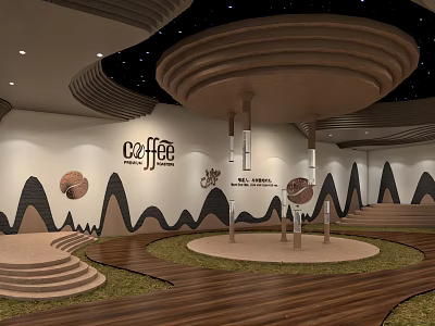 Stylish C&Coffee Cafe Interior Design With Wall Decor Wooden Flooring And Circular Ceiling 3d model