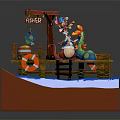 Cartoon Scene With Wooden Dock Crane Structure Playful Characters Lanterns And Barrels On Water