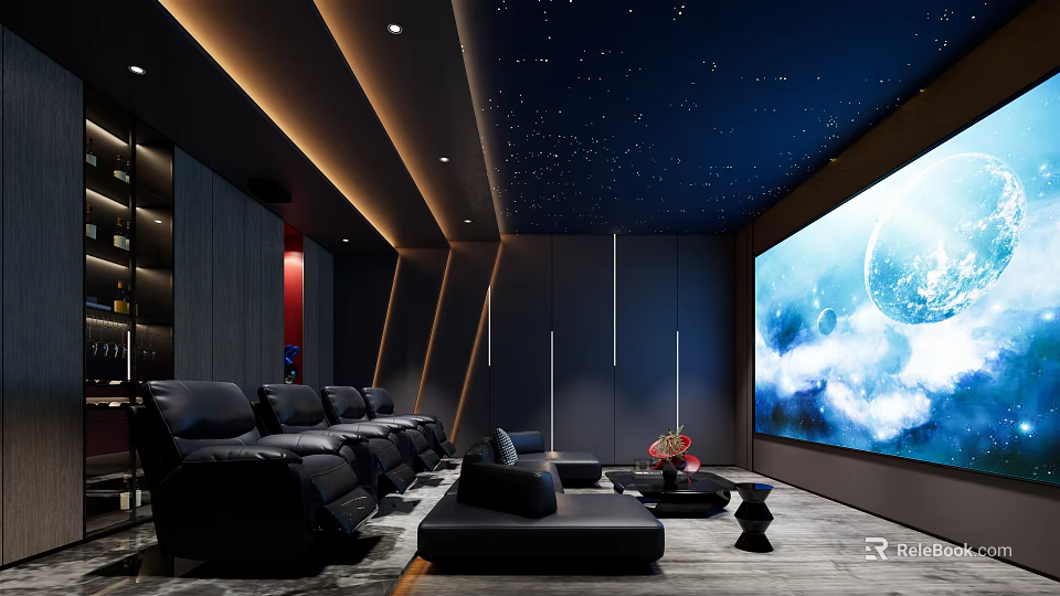 Modern Home Theater Interior Design With Starry Ceiling Large Screen Black Leather Sofas And Lighting 3d model