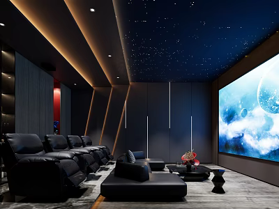 Modern Home Theater Interior Design With Starry Ceiling Large Screen Black Leather Sofas And Lighting 3d model