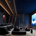 Modern Home Theater Interior Design With Starry Ceiling Large Screen Black Leather Sofas And Lighting 3d model