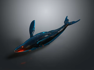 Glowing Blue Whale Sculpture With Red Illuminated Details And Smooth Surface Design 3d model
