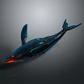 Glowing Blue Whale Sculpture With Red Illuminated Details And Smooth Surface Design