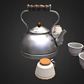 Silver Tea Set with Wooden Handle and White Orange Rim Cups