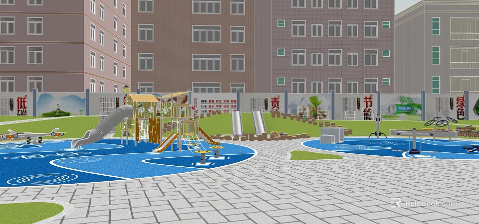 Colorful Children's Playground With Slides Play Structures Blue Flooring Green Lawn And Trees 3d model 