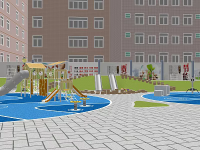 Colorful Children's Playground With Slides Play Structures Blue Flooring Green Lawn And Trees 3d model