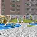Colorful Children's Playground With Slides Play Structures Blue Flooring Green Lawn And Trees