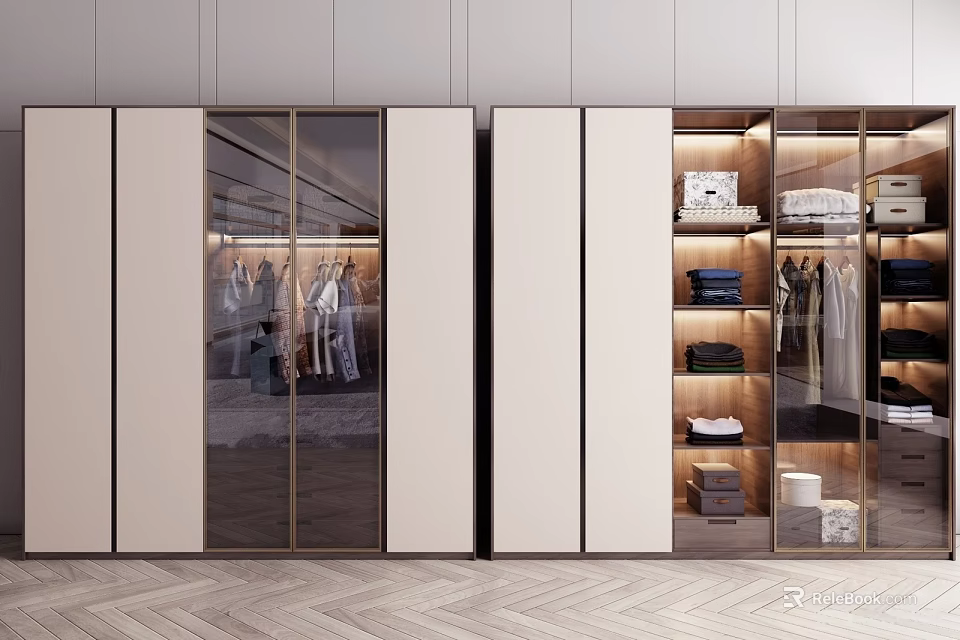 Modern Wardrobe Interior Design With Glass Doors Hanging Folded Clothes Storage Compartments 3d model 