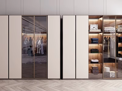 Modern Wardrobe Interior Design With Glass Doors Hanging Folded Clothes Storage Compartments 3d model