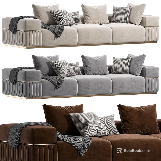 Modern Multi Seater Sofa With Neutral Beige Grey Brown Tones Pillows And Blankets 3d model 