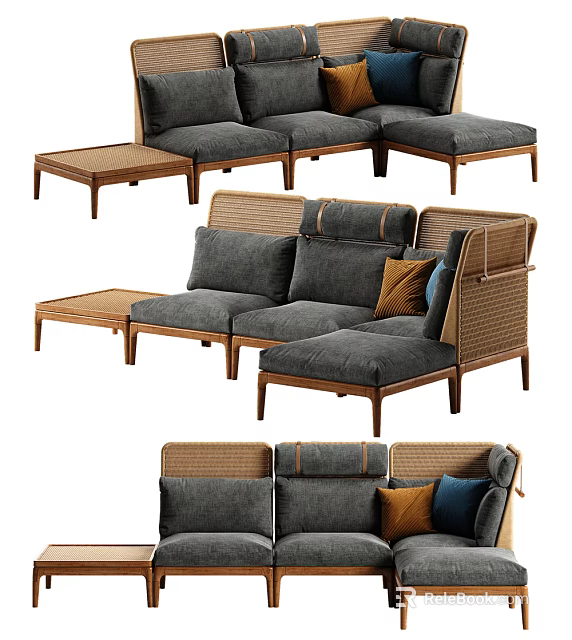 Sectional Sofa With Wicker Back Wooden Frame Gray Cushions And Throw Pillows 3d model