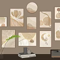 Abstract Paintings with Beige Gold Tones Botanical Elements in Varied Shaped Frames Wall Arrangement 3d model