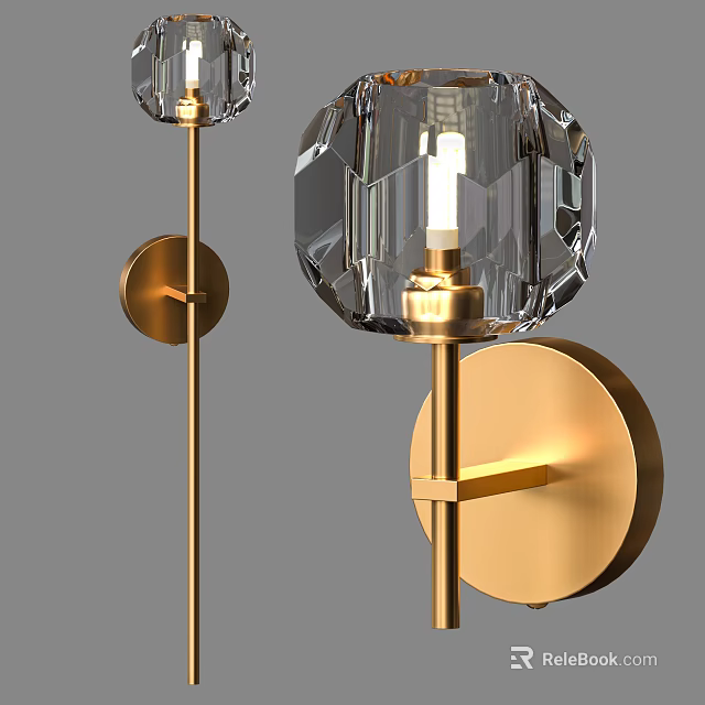 Modern Crystal Wall Light With Gold Metal Mount And Transparent Glass Shade 3d model 
