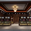 Traditional Chinese Medicine Shop Interior With Wooden Herbal Cabinets Drawers And Hanging Lamps