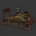 Cartoon Scene Of Traditional Wooden Architecture With Colorful Canopy Decorative Banners And Pillars