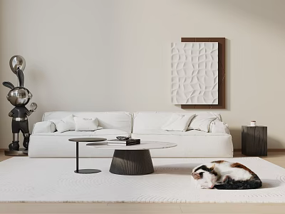 Modern White Double Sofa Living Space With Round Coffee Table Textured Wall Art And Cat On Rug 3d model