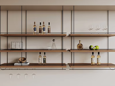 Stylish Wall Mounted Wooden Wine Rack With Wine Bottles Glasses And Fruits 3d model