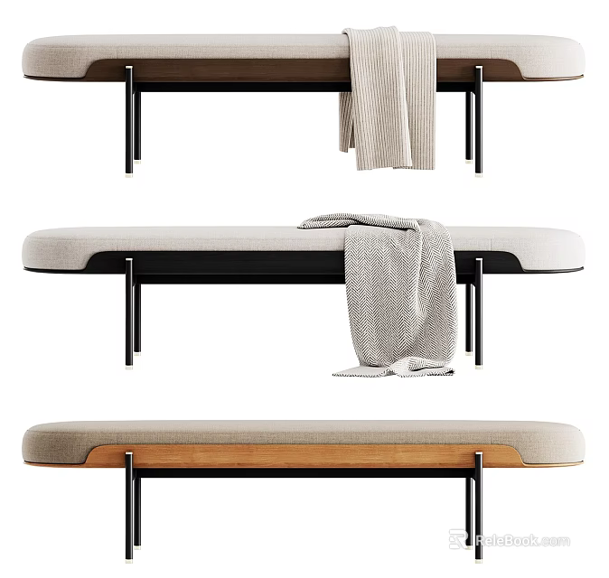 Stylish Modern Upholstered Bench With Metal Legs And Gray Throw Blanket 3d model 