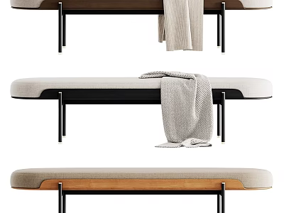 Stylish Modern Upholstered Bench With Metal Legs And Gray Throw Blanket 3d model