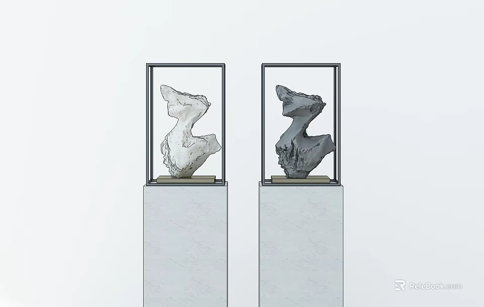 Modern Decorative Ornament Set With Two Abstract Sculptures On Framed Marble Pedestals 3d model 