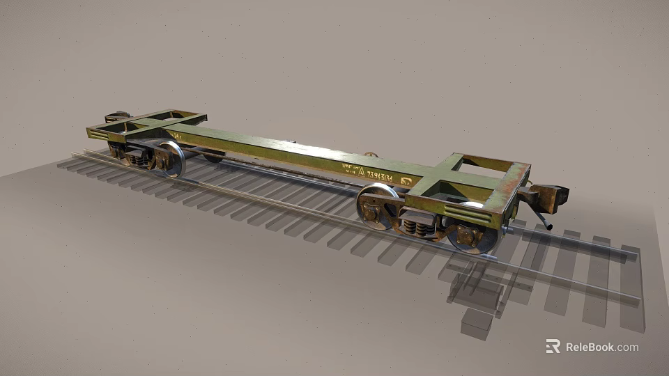Industrial Flatbed Railcar With Metal Frame And Wheels On Railway Tracks 3d model 