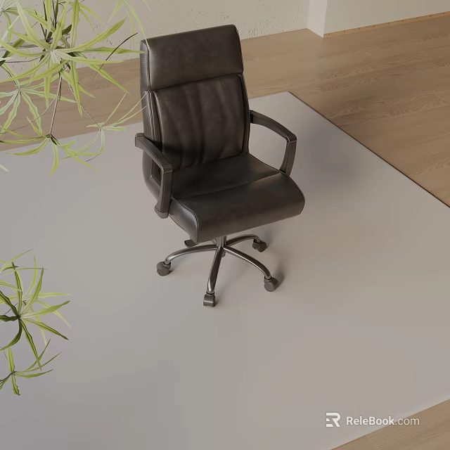 Modern Leather Office Chair With Armrests And Wheels Near Green Plant 3d model 