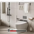 Modern Smart Toilet in Bathroom with Tile Walls Towel Rack Toilet Brush and Soap Dish