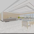 Modern Lobby Interior With Wooden Reception Desk Large Windows And Seating Furniture