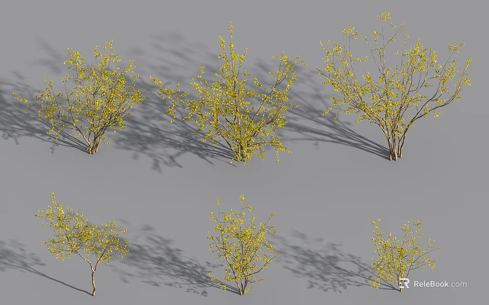 Multiple Yellow Trees with Branches and Shadows on Gray Background 3d model 