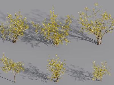 Multiple Yellow Trees with Branches and Shadows on Gray Background 3d model