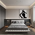 Modern Double Bed With Soft Headboard Gray Bedding Nightstand Books And Black White Wall Art