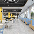Spacious Cafeteria Interior With Food Stalls Yellow Pillars Wooden Ceiling And Tables Chairs
