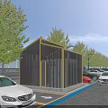 Parking Lot Road Facilities with Marked Lines Vehicles Pedestrians Trees Street Lights and Clear Sky